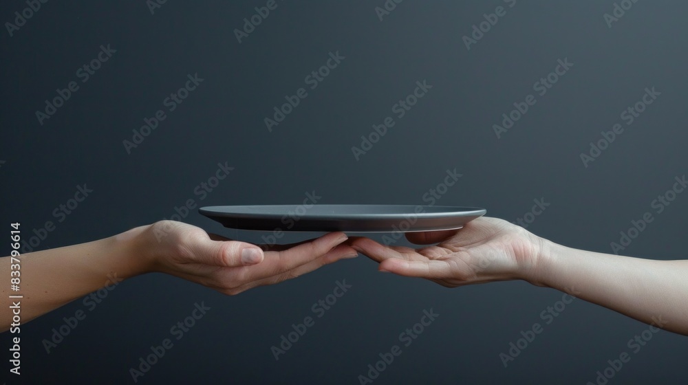 Both hands symmetrically extended as if holding an invisible tray Both hands symmetrically extended as if holding an invisible tray
