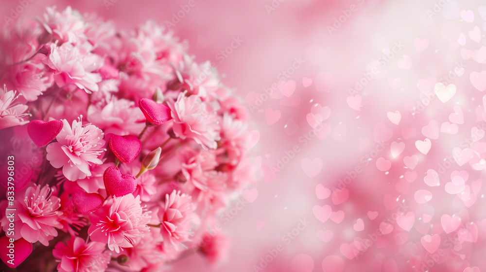 Obraz premium A beautiful pink bouquet of delicate flowers with soft hearts inside on a pink background with highlights in the shape of hearts. Background for Valentine's Day. Copy space
