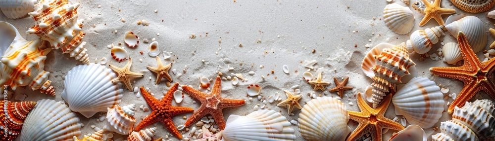 A beautiful layout of seashells and starfish surrounding a sandy white background A beautiful layout of seashells and starfish surrounding a sandy white background