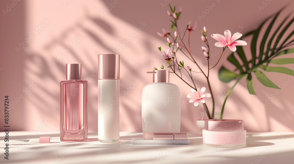 Skincare cosmetics close up mockup on a beautiful natural background Skincare cosmetics close up mockup on a beautiful natural background