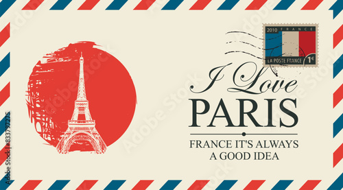 vintage postal envelope depicting the Eiffel Tower in Paris against the backdrop of the sun with a French postage stamp and stamps and the inscription I love Paris