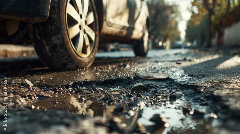 car wheels running and closed up Very bad quality street with potholes. have tree. Damaged asphalt pavement road with potholes in city, dangerous, broken, garage car wheels running and closed up Very bad quality street with potholes. have tree. Damaged asphalt pavement road with potholes in city, dangerous, broken, garage