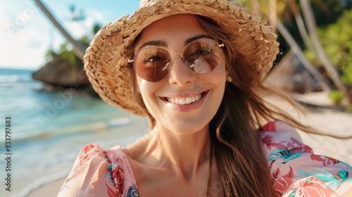 closeup shot of a good looking female tourist. Enjoy free time outdoors near the sea on the beach. Looking at the camera while relaxing on a clear day Poses for travel selfies smiling happy tropical #833797683