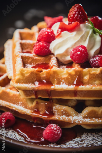 illustration of freshly baked waffles on a plate with raspberries and cream, close up