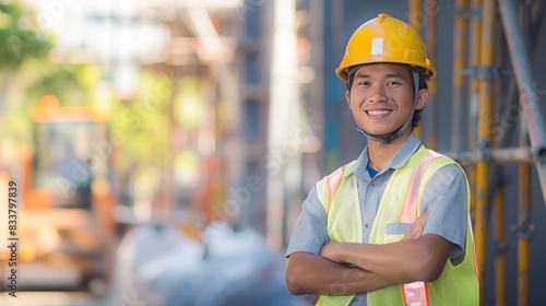 Smiling Thai Construction Worker in Safety Gear at Construction Site - Perfect for Workplace Safety Campaigns and Industrial Promotions