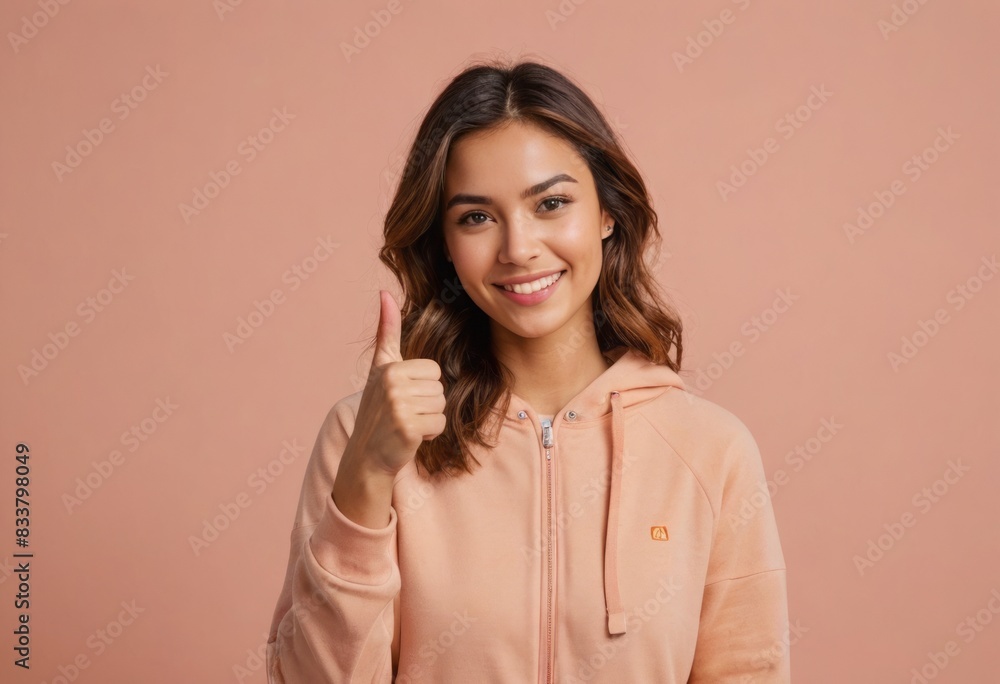 A smiling woman in a casual peach hoodie, giving a thumbs up signal, exuding warmth and friendliness. A smiling woman in a casual peach hoodie, giving a thumbs up signal, exuding warmth and friendliness.