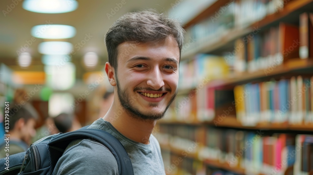 Fototapeta premium Handsome Smile student man with backpack and books in library, education, university, cheerful, college, happy, standing, school, backpack, attractive, enjoyment, confidence