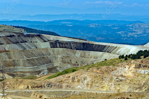 View from the American Eagles Overlook near Victor, Colorado, U.S.A., of the active Cripple Creek mining district open cast gold mine.