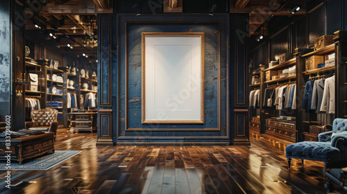 blank frame in a high end boutique with fashion, wooden floor and blue wall