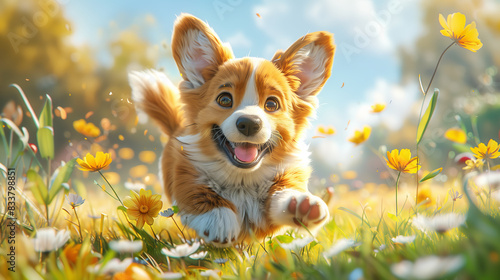 A cute red corgi puppy runs and hops through the grass with wildflowers on a bright sunny summer day. Funny animals photo