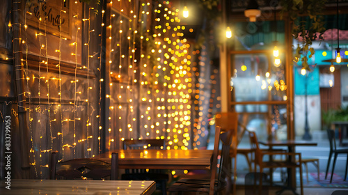 Warm and inviting interior of a cozy cafe with fairy lights, wooden tables and chairs, and a view of the street outside. © Nurlan