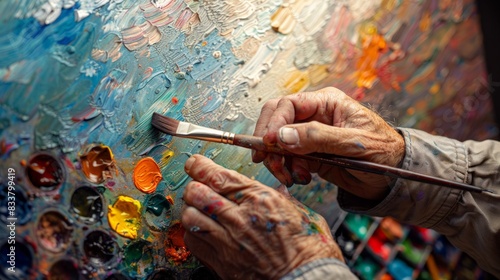 Artist Holding Paintbrush: Illustrate a close-up of an artist's hand holding a paintbrush, with vibrant colors on a palette in the background.