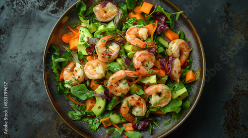 Shrimp Vegetable Salad in the Bowl: Cucumbers, Tomato, Lettuce, Avocado, Carrots, and Basil, Fresh and Healthy Meal, Colorful and Nutritious Dish, Vibrant and Appetizing Presentation