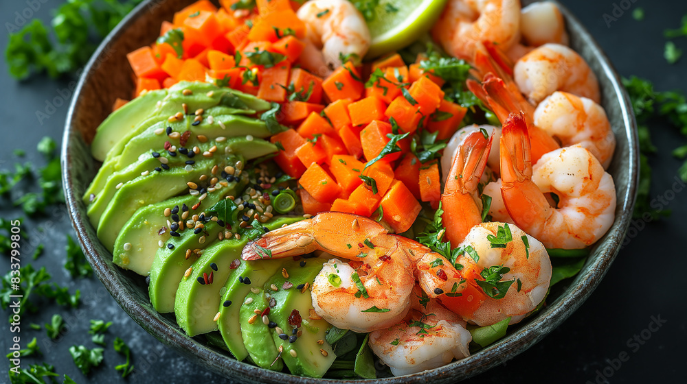 Shrimp Vegetable Salad in the Bowl: Cucumbers, Tomato, Lettuce, Avocado, Carrots, and Basil, Fresh and Healthy Meal, Colorful and Nutritious Dish, Vibrant and Appetizing Presentation Shrimp Vegetable Salad in the Bowl: Cucumbers, Tomato, Lettuce, Avocado, Carrots, and Basil, Fresh and Healthy Meal, Colorful and Nutritious Dish, Vibrant and Appetizing Presentation