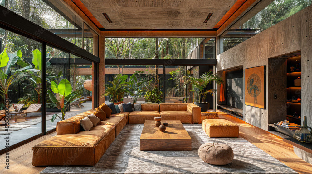 Fototapeta premium Natural blue shade living room of a house resort by tropical lush jungle