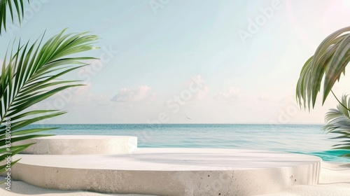 Summer sand and tropical sea background with abstract stone podium - Generative Ai