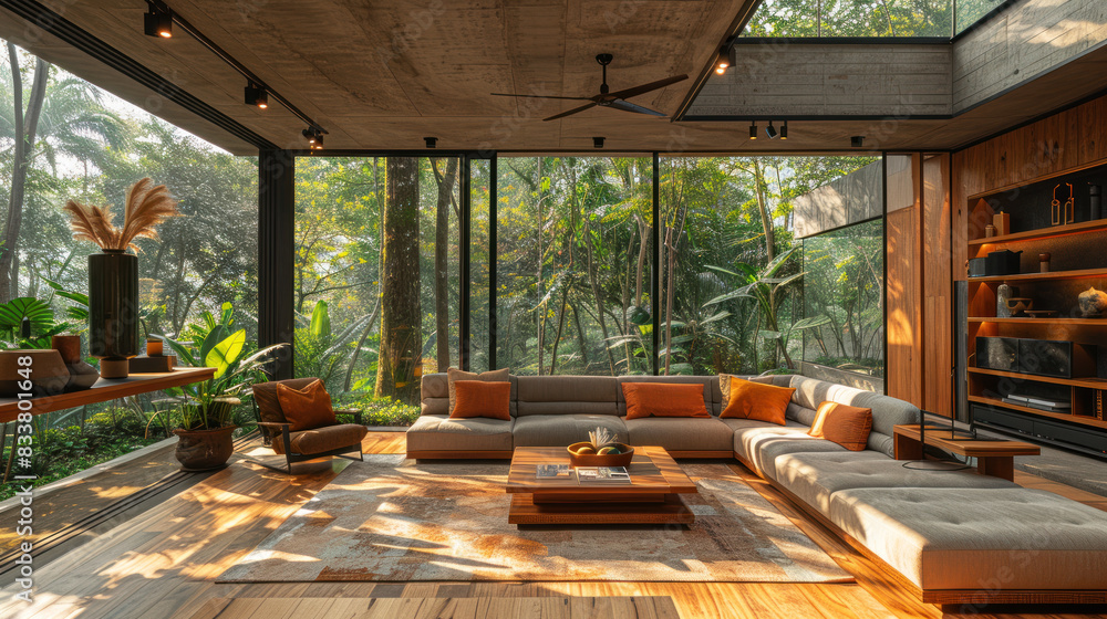 Fototapeta premium Natural brown shade living room of a house resort by tropical lush jungle