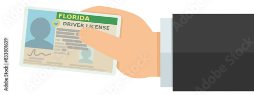 A hand presents a driver's license from the USA state of Florida in flat design style (cut out)
