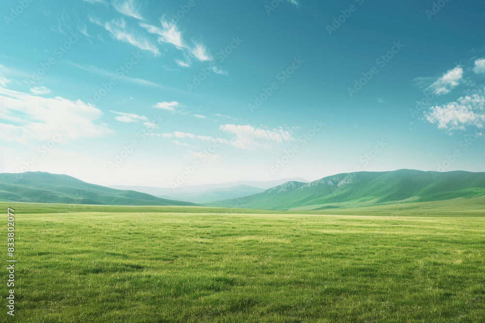 Field of grass and blue sky, ideal for nature background or environmental themes in design, advertising, or editorial projects.