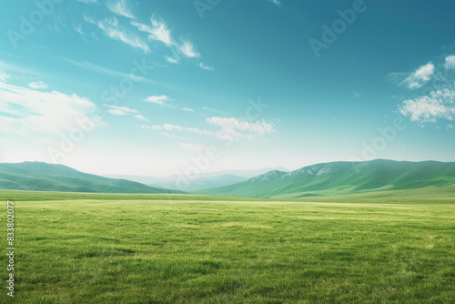 Field of grass and blue sky, ideal for nature background or environmental themes in design, advertising, or editorial projects.