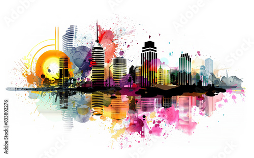 City background with skyscrapers, colourful spots and pain splashes at white, 2d illustration