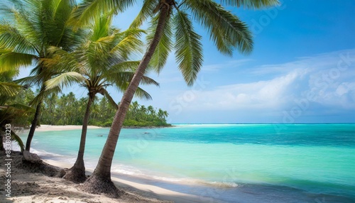 A tropical beach with palm trees and turquoise waters. AI generated