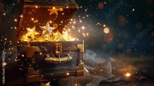 magical treasure chest opened sparkling gold stars rising from old wooden trunk christmas surprise photo