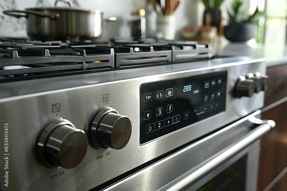 Obraz premium A closeup of the control panel on an oven, showing buttons and digital display with numbers