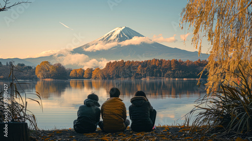 three individuals sit by a tranquil lake, gazing at Mount Fuji, its peak mystically veiled by clouds. photo