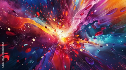 Capture the vibrant energy of a concert with exploding colors and dynamic movement in a digital 3D illustration