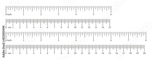 Set of scale with 15, 20 centimeter, 6, 8 inches  with markup and numbers. Measuring charts of metric, imperial units. Collection of distance, height, length measurement tool templates. Sewing tool.