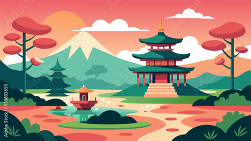 A tranquil Japanese tea garden where you can visualize yourself partaking in a tea ceremony and releasing any negative thoughts or feelings.. Vector illustration