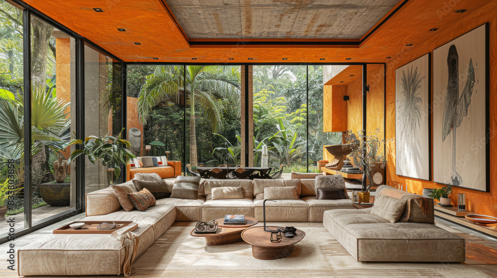 Fototapeta premium Natural orange shade living room of a house resort by tropical lush jungle