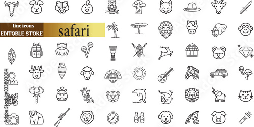 safari line web icons. African Animals, ecotourism activities. national parks. Editable stroke.