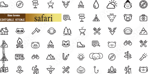 safari line web icons. African Animals, ecotourism activities. national parks. Editable stroke.