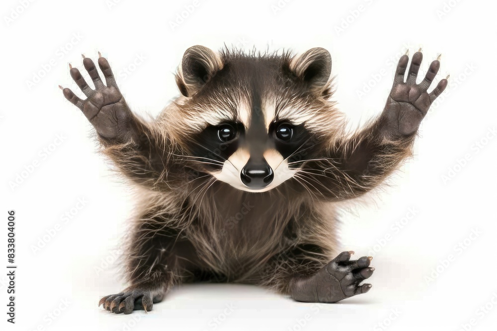 Obraz premium Cute baby raccoon with its paws raised isolated on white background