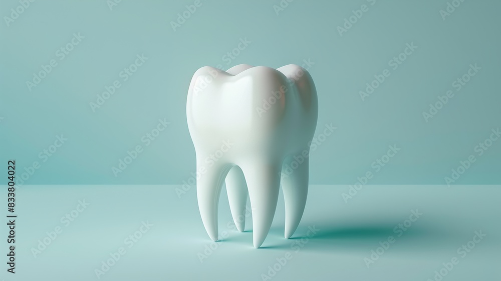 White shiny realistic tooth model on light blue background White shiny realistic tooth model on light blue background
