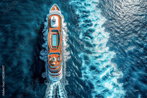 aerial view of a large cruise ship cutting through vibrant blue waters, its wake creating a striking pattern.