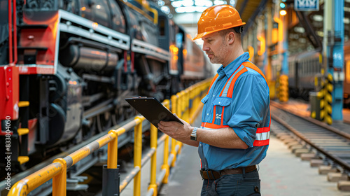 A male engineer or supervisor, dressed in a blue button-up shirt with a high-visibility vest and safety helmet