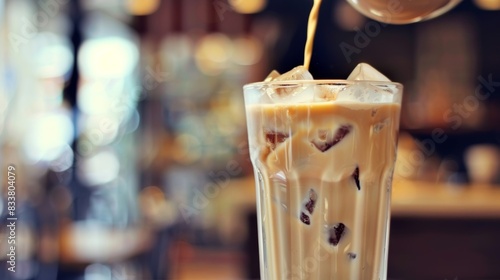 Creamy iced coffee in a tall glass on a blur background