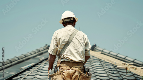 Wallpaper Mural a construction worker clad in a beige shirt and white cap meticulously arranges dark grey ceramic tiles. Torontodigital.ca