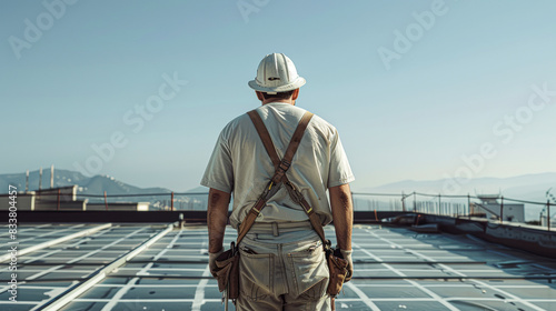 a construction worker clad in a beige shirt and white cap meticulously arranges dark grey ceramic tiles.