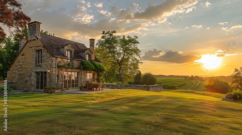 majestic stone facade house bathed in warm golden light of the setting sun idyllic countryside estate photo
