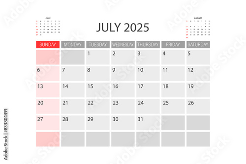 Calendar for July 2025. The week starts on Sunday.