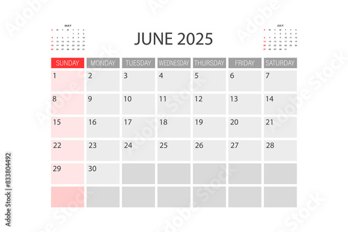 Calendar for June 2025. The week starts on Sunday.