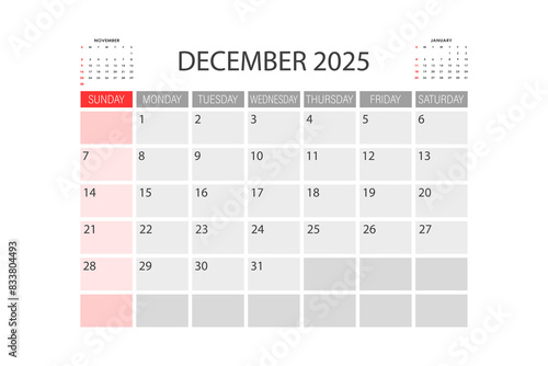 Calendar for December 2025. The week starts on Sunday.