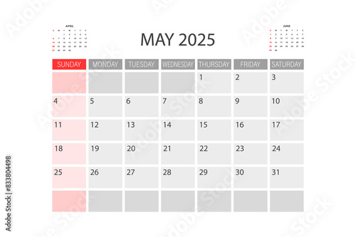 Calendar for May 2025. The week starts on Sunday.