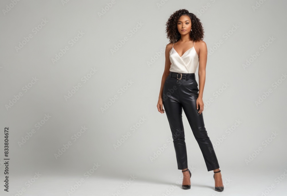 An elegant young woman posing confidently in a white top and black leather pants. She stands against a grey background. An elegant young woman posing confidently in a white top and black leather pants. She stands against a grey background.