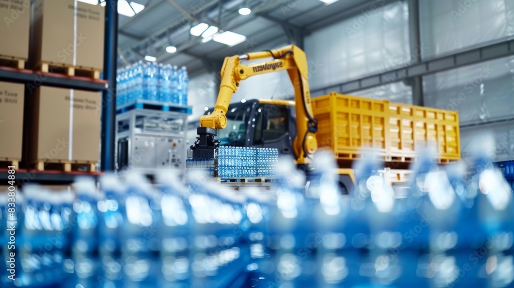 Automated robotic arm handling bottled water packs in a modern warehouse setting with bright lighting and organized inventory. Automated robotic arm handling bottled water packs in a modern warehouse setting with bright lighting and organized inventory.