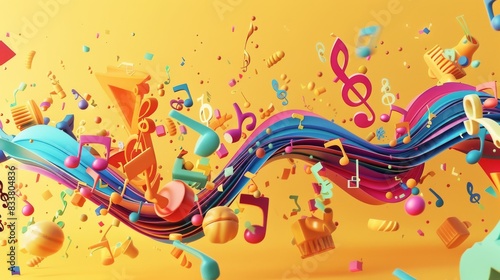 Craft a dynamic image featuring vibrant music notes and creative symbols intertwining harmoniously, rendered in a colorful digital illustration